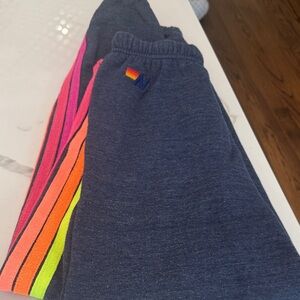 Aviator Nation Navy Joggers with Rainbow Stripes